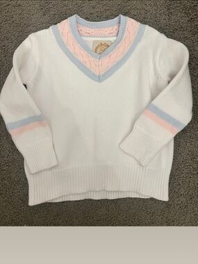 The Beaufort Bonnet Company White V-Neck Sweater with Pink & Light Blue Trim